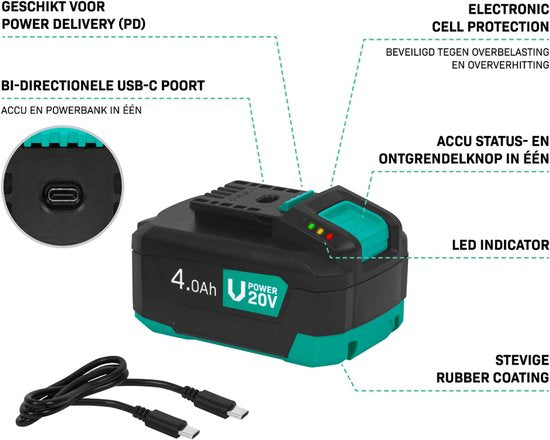 VONROC VPower 20V Akku – 4,0 Ah – Duopack: 2 Stück – bidirektionaler USB-C-Anschluss – Akku und Powerbank in einem – kompatibel mit Power Delivery (PD) – geschützt durch Electronic Cell Protection
