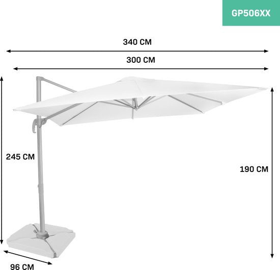 VONROC Premium Floating Parasol Pisogne 300x300cm - Inklusive Kreuzfuß & Schutzhülle - Quadratischer Sonnenschirm - 360° drehbar - Neigbar - UV-beständiges Tuch - Weiß