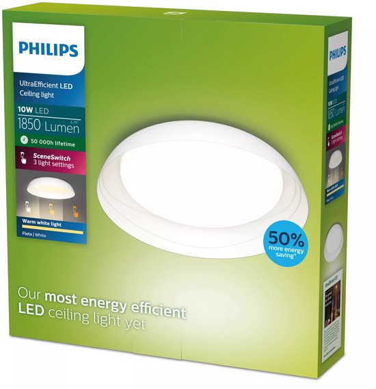 Philips Fleta Deckenleuchte – Hocheffizient – SceneSwitch-Lichttechnologie – 10 W – Warmweißes Licht – Weißes Design – Energiekosten sparen