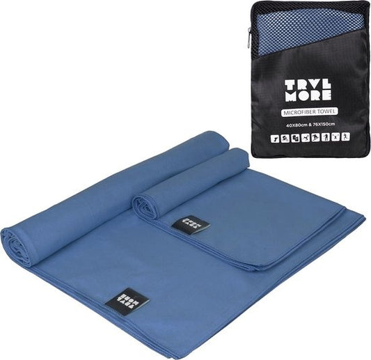 TRVLMORE Mikrofaser-Reisehandtuch-Set - 2 Stück - Klein (40 x 80 cm) & Groß (76 x 150 cm) - Mikrofaser - Dunkelblau