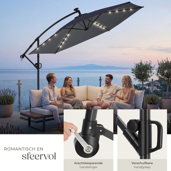 tectake® Schwebeschirm mit Fuß – 3 x 3 m – Gartenschirm mit solarbetriebener LED-Beleuchtung – drehbar – wasserabweisendes Polyester mit UV-Schutz – inklusive Schutzhülle – grau