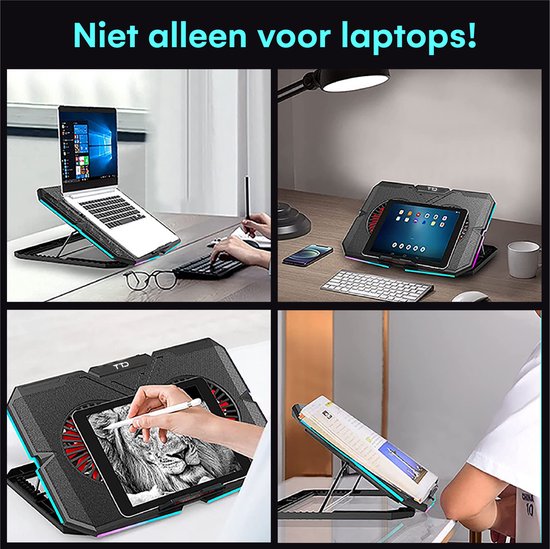 TTD® Premium Laptop-Kühler - Verstellbare Laptop-Halterung - Rotationsgeschwindigkeiten bis zu über 2400 RPM - für Gaming - Bis zu 17 Zoll - Extra USB-Anschluss - Schwarz