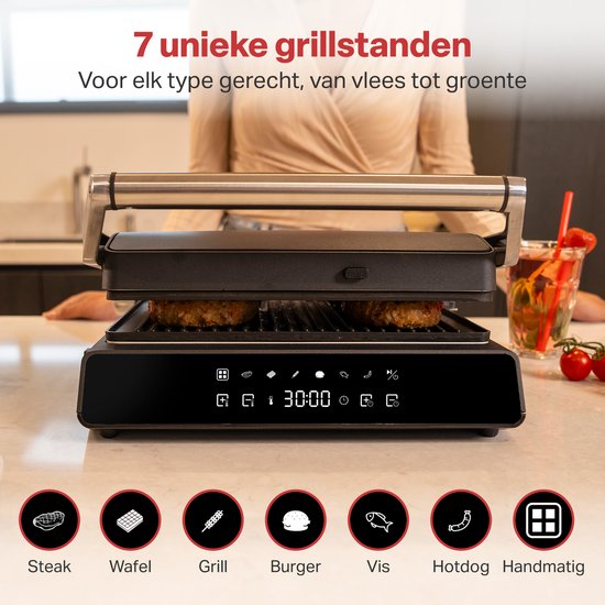 AoraKitchen Kontaktgrill - 180º ausklappbar - Grillgerät mit abnehmbaren Platten - 7 Ständer - Sandwich- und Panini-Eisen - 2000W