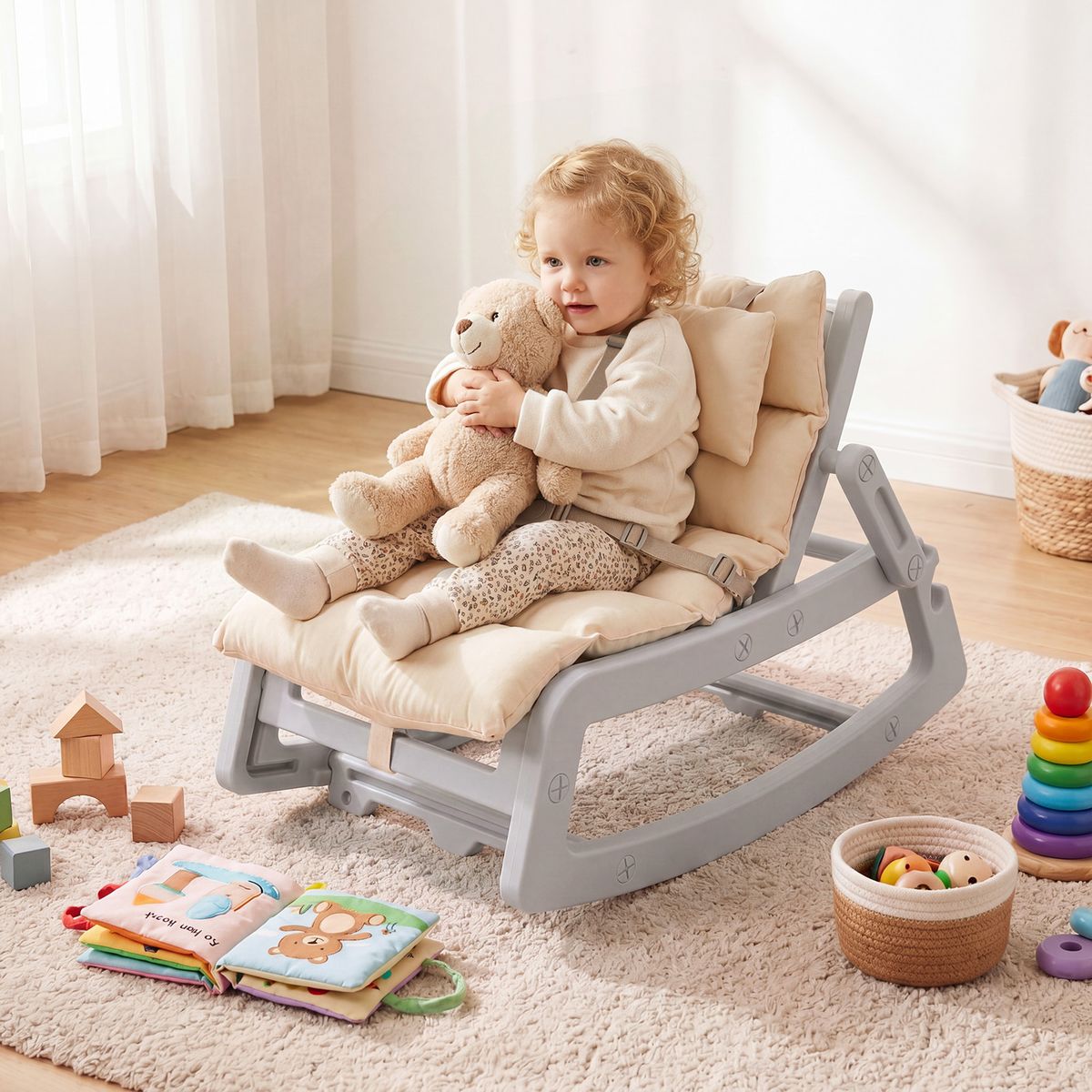 Coast 2-in-1-Schaukelstuhl für Kinder – verstellbare Rückenlehne – waschbares Sitzkissen – grau