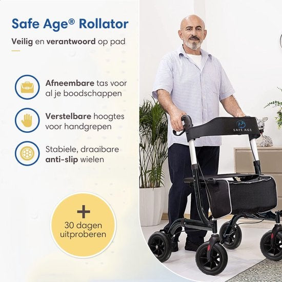 SafeLife Rollator - Verstellbar, faltbar & mit Sitzfunktion - 137 kg Tragfähigkeit - 70 x 61 x 95 cm - Schwarz