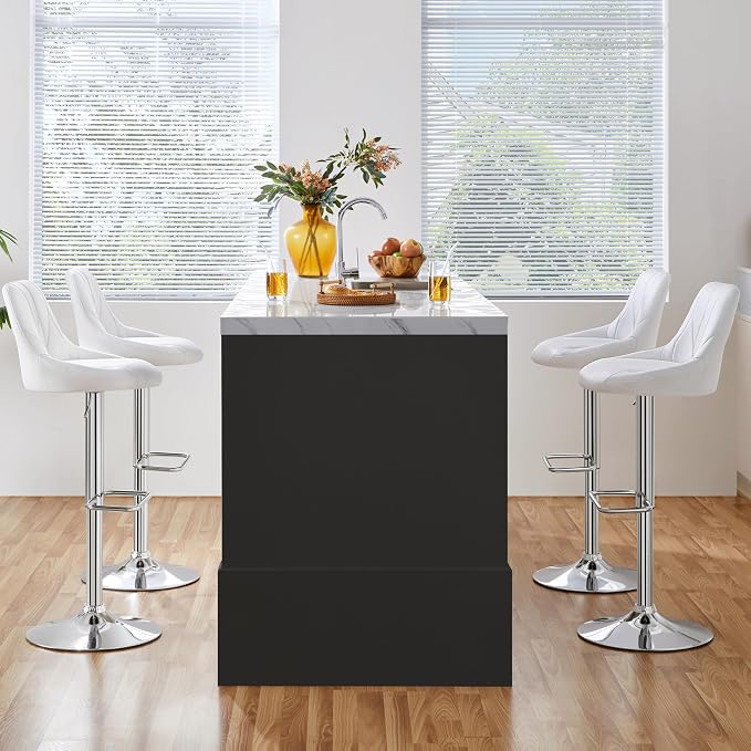 Yaheetech Barhocker mit Rückenlehne und Fußstütze – Kunstleder – Verstellbar von 86 bis 107,5 cm – 46 x 49 cm – Weiß