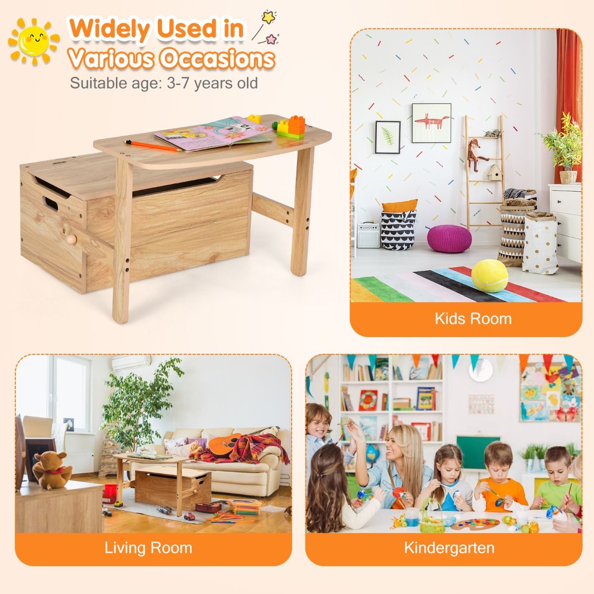 3-in-1-Kinderspieltisch mit Bank und Aufbewahrungsbox – 60 x 56,5 x 43,5 cm – Naturfarben