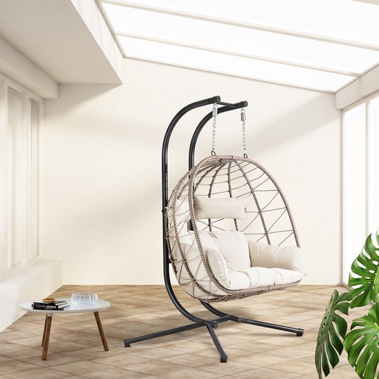 Juskys Polyrotan Doppel-Hängesessel Aria - Beige - inkl. Sockel & Kissen