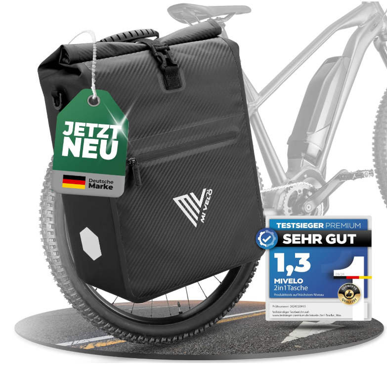 MIVELO 2-in-1-Fahrradtasche für den Gepäckträger – Schwarz Carbon – 25 Liter – Wasserdicht, Quick-Connect