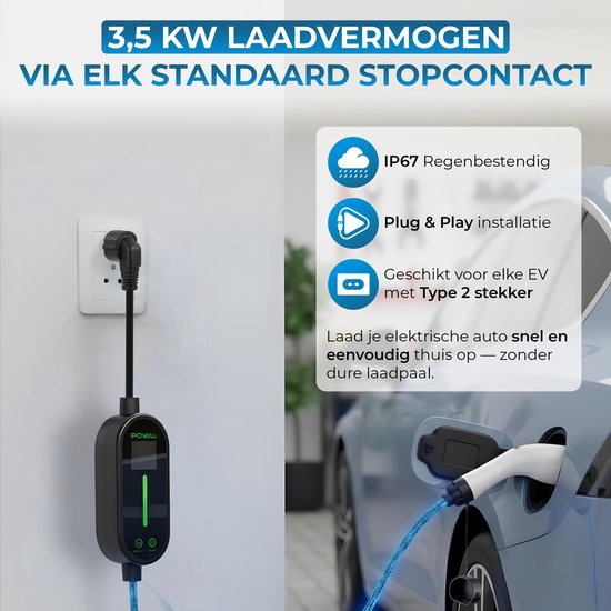 Powell Ladekabel Typ 2 - Mobile Home Charger Typ 2 - 3.5kW - IP67 Wasserdicht - 5 Meter Kabel - Inklusive Aufbewahrungstasche - Wasserdicht - Schwarz/Weiß