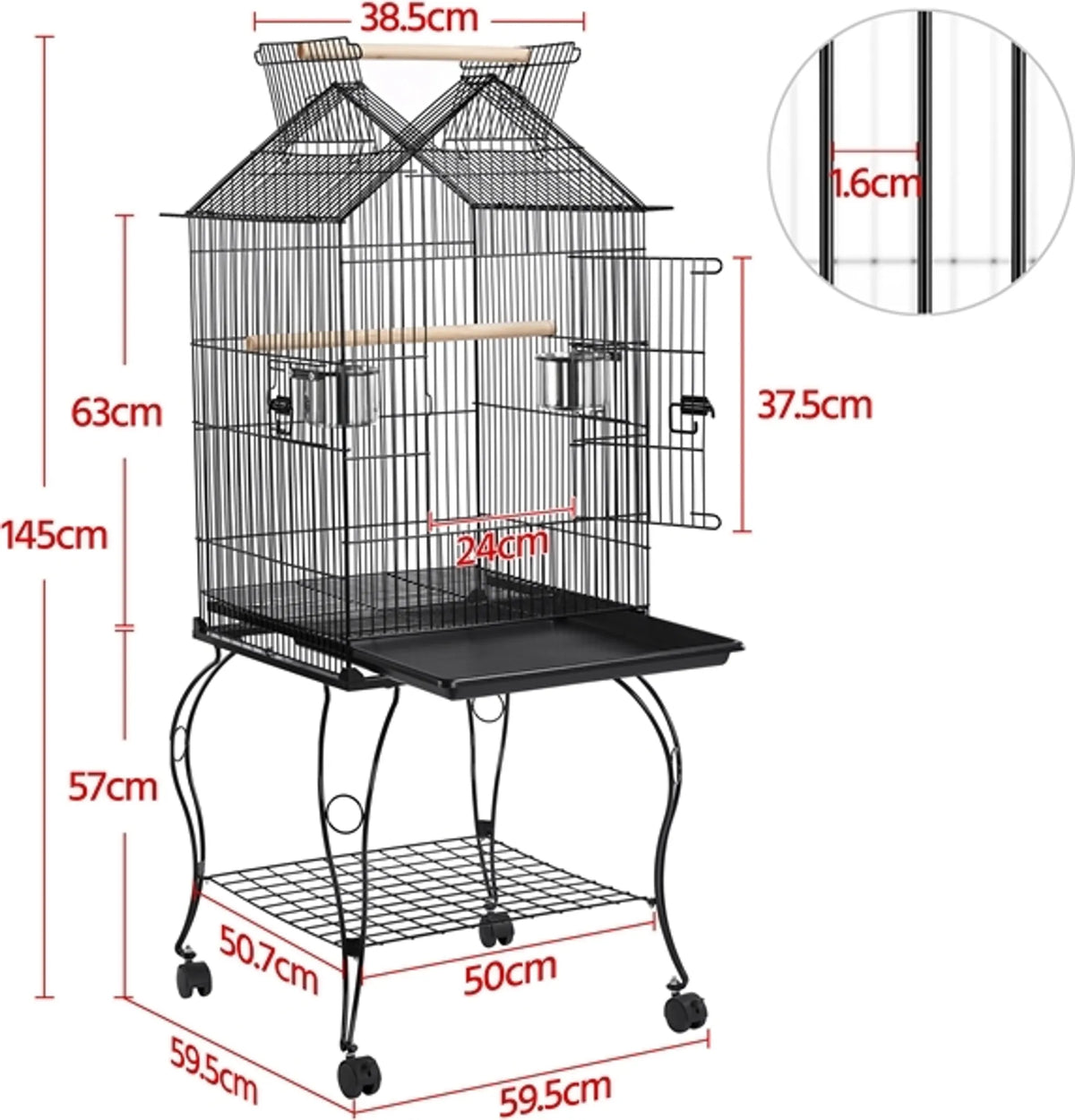 Yaheetech XXL-Vogelkäfig mit mobilem Sockel - 59,5 x 59,5 x 145 cm - mit Öffnung im Dach und abnehmbarem Boden und Ablagefach - für Sittiche und Kanarienvögel - schwarzes Metall und Holz