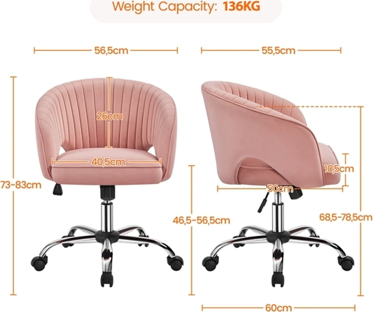 Yaheetech Bürostuhl mit Schaukelfunktion - mit höhenverstellbarem Gaslift und 360° drehbaren Rädern und vertikalem Muster - für Büro und Empfangshalle - rosa Samt und Metall - 60 x 56,5 x 73-83 cm