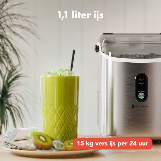 KitchenBrothers Nugget Eiswürfelbereiter - 1.1L - Crushed Ice Maker mit Eisportionierer - tragbar - 15kg/24 Stunden - rostfreier Stahl