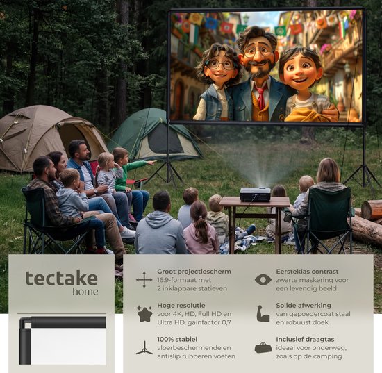 tectake® Beamer Leinwand - 120 Zoll (305 cm) - 16:9 Projektionswand mit Doppelstativ - 4K HD - aufrollbar - ausziehbar - Projektionstuch - Präsentationswand - Heimkino - inklusive Tragetasche
