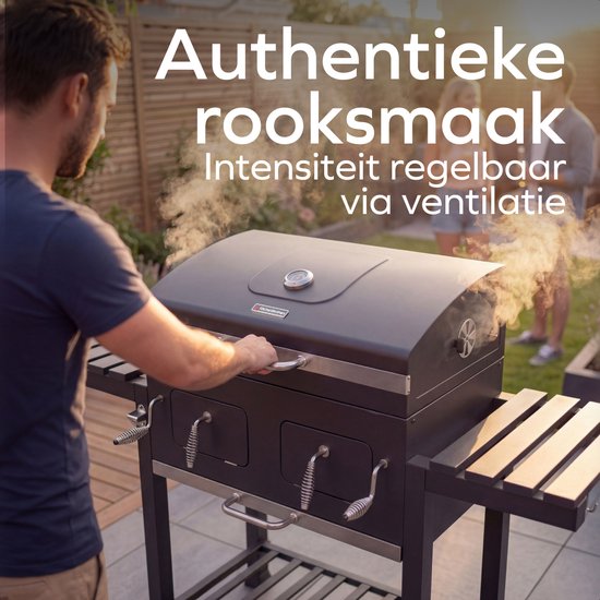 KitchenBrothers Holzkohle-Grill XL – Dual-Zone-Räuchergrill – Mit verstellbaren Kohlerosten und klappbaren Seitentischen – PFAS-frei – Grillfläche 42,3 x 75,8 cm – Schwarz
