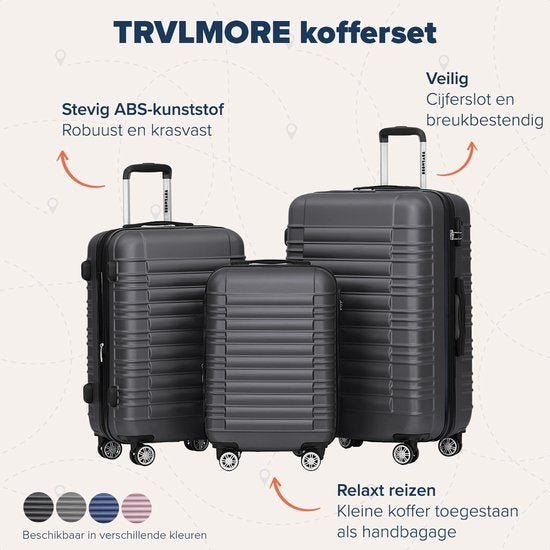 TRVLMORE - Kofferset - 3 Stück - 38L (Handgepäck) + 70L + 110L - Dunkelgrau