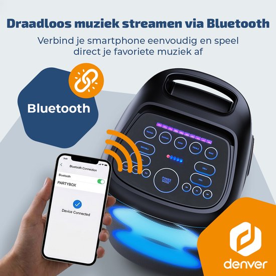 Denver Bluetooth-Lautsprecher Partybox – Disco-Lichter – Partybox – inkl. Mikrofon – Lautsprecher – BPS370