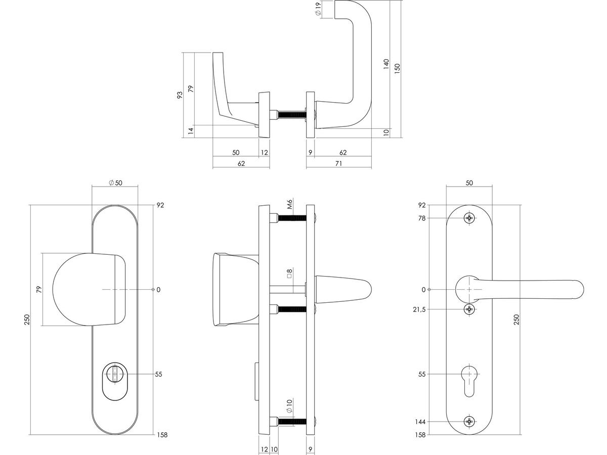 Intersteel Sicherheitsbeschlag, ovaler Griff mit Federkonstruktion und Kernziehschutz – 250 x 50 mm – rund – SKG3