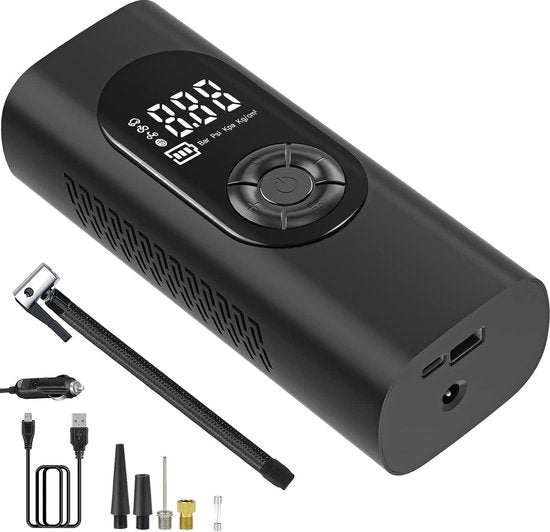 Fuegobird - 6000 mAh Elektropumpe - 150 PSI Fahrradpumpe - Elektrische Miniatur-Fahrradpumpe mit SOS-LED - Gebrauch: Für AUTO-Reifen - Fahrräder - Elektrofahrräder - Ballsportarten - Inklusive 2 Aufpumpschläuche - Schwarz