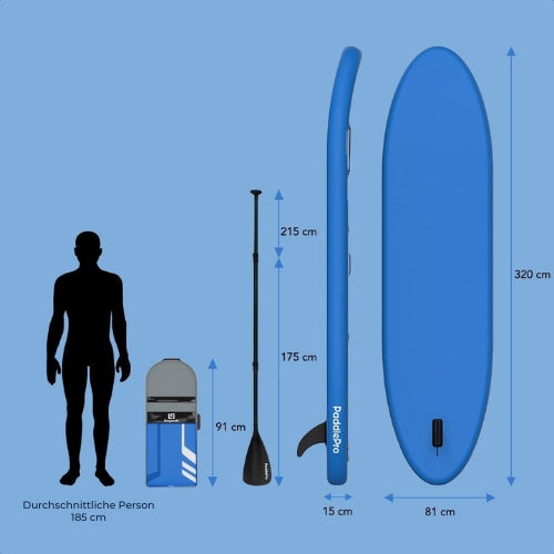 LifeGoods SUP Board - Deluxe Set - mit Sitz - Aufblasbares Paddle Board - Max. 135KG - 320x81cm - Blau