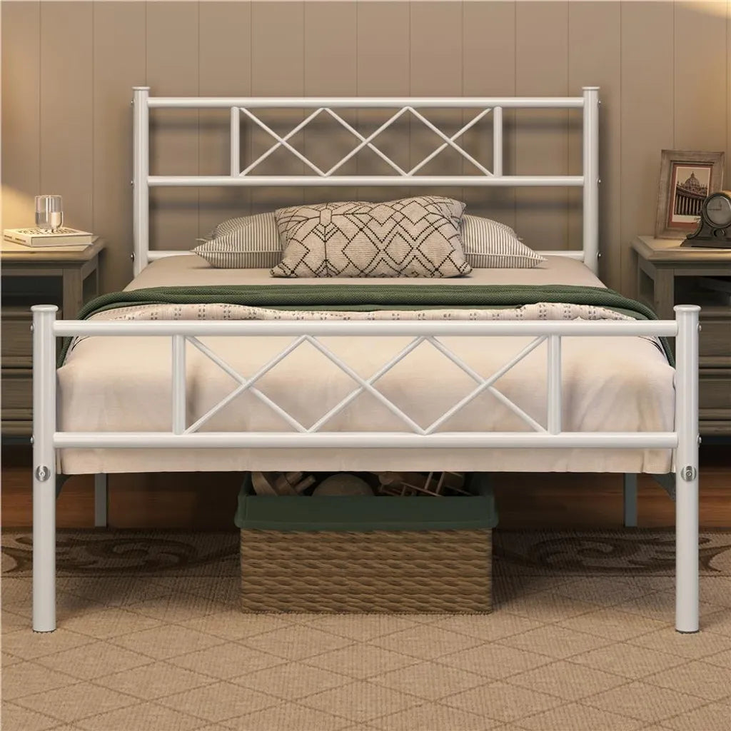 Yaheetech Bettrahmen 90 × 200 cm - Weißes Metall - Einzelbett mit X-Design Kopfteil, Lattenrost und 32 cm Stauraum