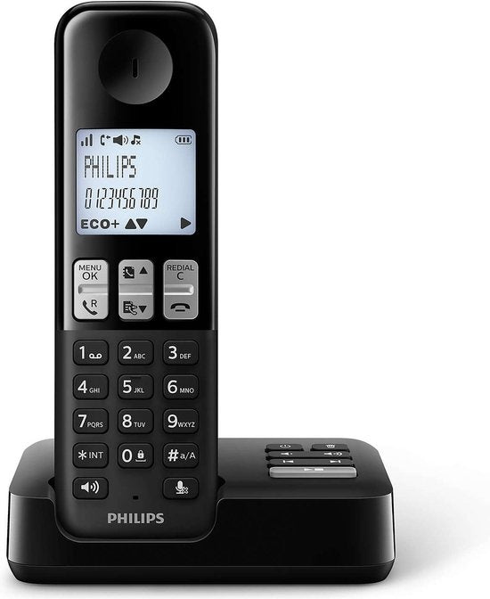 Philips D2551B/01- Schnurloses DECT-Telefon mit 1 Mobilteil mit Anrufbeantworter, 50 Namen/Rufnummern und Anrufer-ID - Schwarz