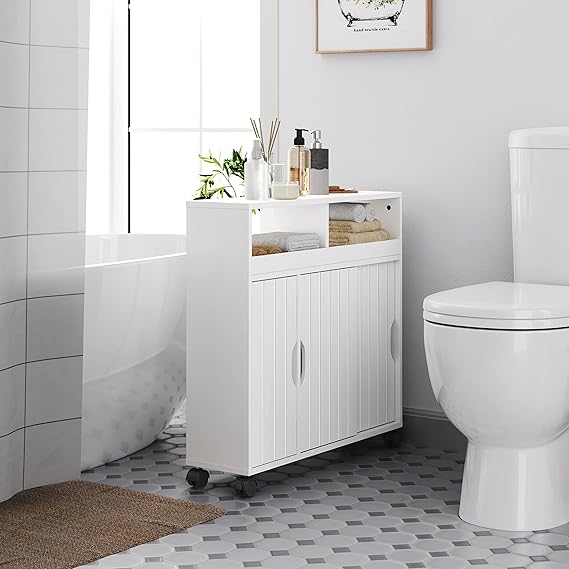 Yaheetech Badezimmerschrank 69,5 x 20 x 71,5 cm – Schiebetüren – Rollen – Weiß