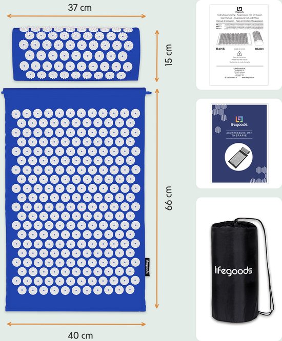 LifeGoods Akupressurmatte mit Kissen - Shakti Matte - Nagelmatte inkl. 2x Triggerpunkt Ball - 66x40x2cm - Blau/Weiß