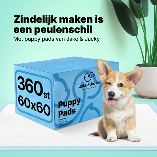 Jake and Jacky Welpentrainingsunterlagen mit Klebestreifen, 360 Stück – Stubenreinheitstraining für Hunde – Hundetoilettenunterlagen – Hundetoilette – Hundetoilettentücher – Welpentücher – Welpenmatten, 60 x 60 cm