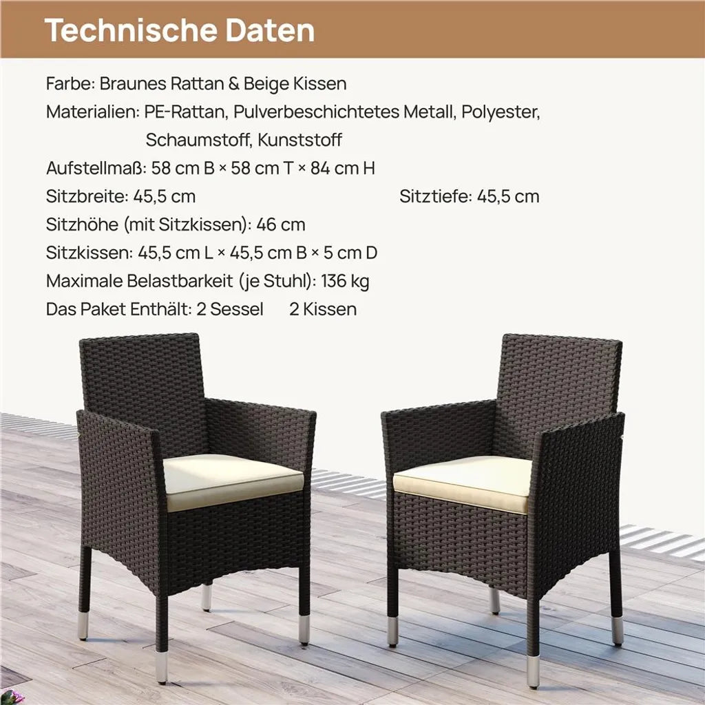 Yaheetech Gartenstuhl-Set, 2er-Set, Polyrattan, 58 x 58 x 84 cm – Braun/Beige – Gartenstühle mit Sitz- und Rückenkissen