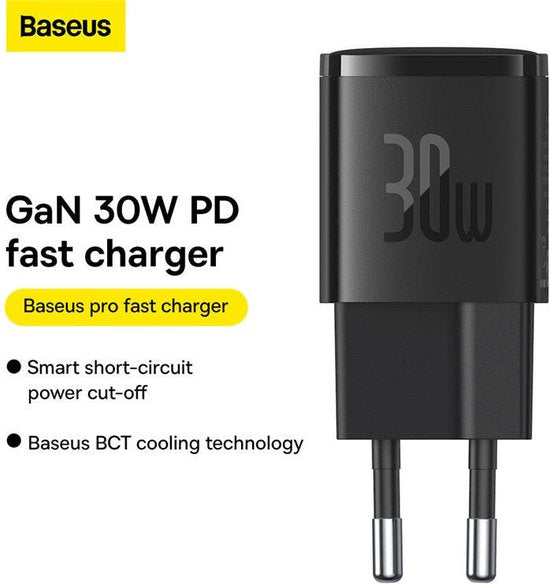 Baseus GaN5 30 W Kompaktes Schnellladegerät USB-C PD Schwarz