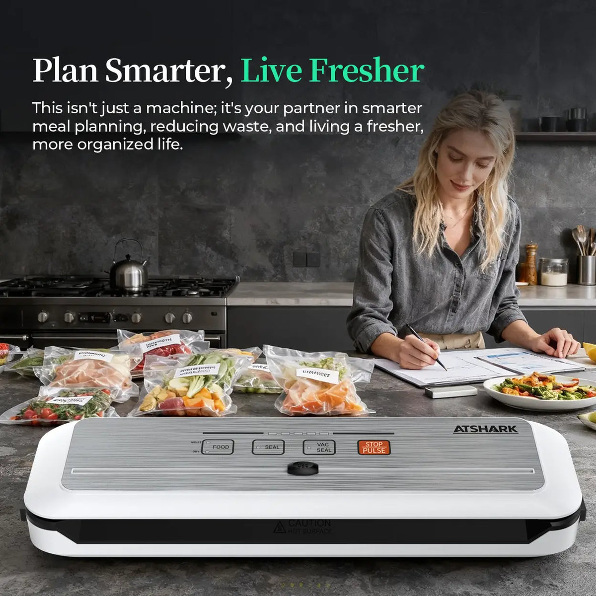 ATSHARK 5-in-1-Vakuumierer – Hochdruck-Touchscreen-Design, schnell und praktisch, inklusive 50 Vakuumbeutel, ideal für die Lebensmittelkonservierung zu Hause, weiß, VS6621
