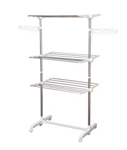 HOMCOM Zusammenklappbarer Wäscheständer – 3 verstellbare Ablagebretter – 142 x 55 x 152 cm – 45 kg – 6 Rollen – Weiß