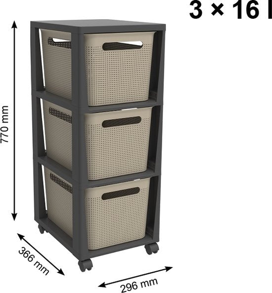 Rotho Tower Brisen - Design-Kommode 3 x 16 L mit Rollen - Cappuccino