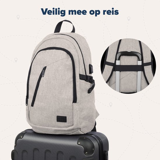 TRVLMORE Rucksack - 25L - 15.6 Zoll - Laptop-Rucksack mit USB - Schultasche - Herren und Damen - Tasche Champagner
