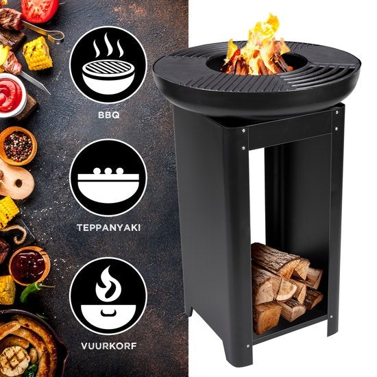 BBQ Collection - 3-in-1 Teppanyaki Grillplatte, BBQ, Feuerstelle - 61 x 90 cm - mit Brennholzaufbewahrung - Edelstahl Schwarz