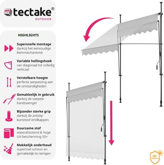 tectake Sunshade Adjustable - Sonnendach - 150 x 180 cm - Hellgrau