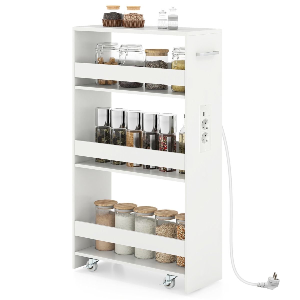 Coast Smalle Aufbewahrungswagen – 4-stöckiger, fahrbarer Küchenwagen – mit Ladestation – weiß 47,5 x 20 x 80,5 cm