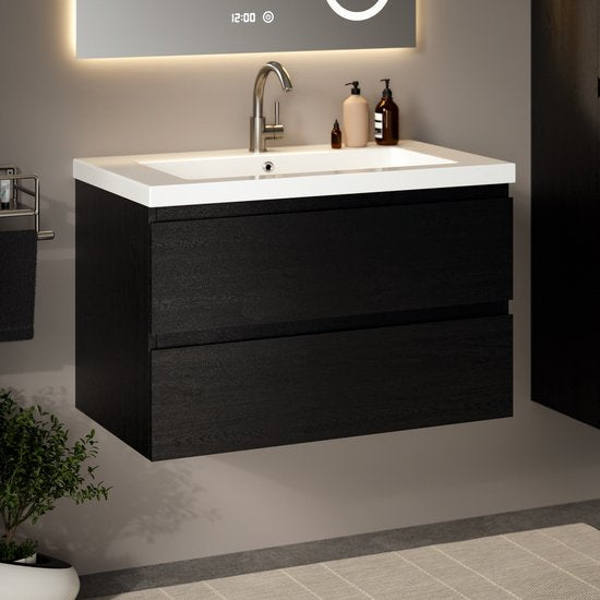 Mirlux Badezimmerschrank Schwarze Eiche 80 cm – Waschbecken Weiß – Badezimmerschrank-Set – Waschbeckenunterschrank Schwarze Eiche