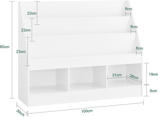 SoBuy Montessori KMB118-W Bücherregal für Kinder, Kinderregal mit 3 Ablagefächern und Spielzeugregal, Kinderzimmer, Bücherregal und Spielzeugregal, weiß, 100 x 80 x 30 cm