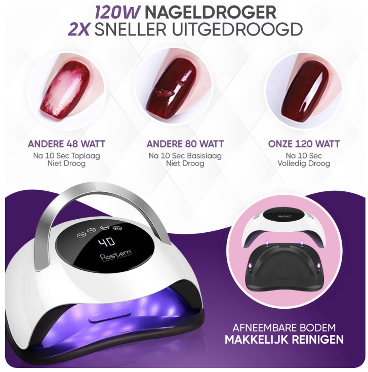 Rostem 120 Watt UV-LED-Nageltrockner - Nagellampe - perfekt gehärteter Nagelgel-Lack - LED-Lampe - langes Kabel - weiß