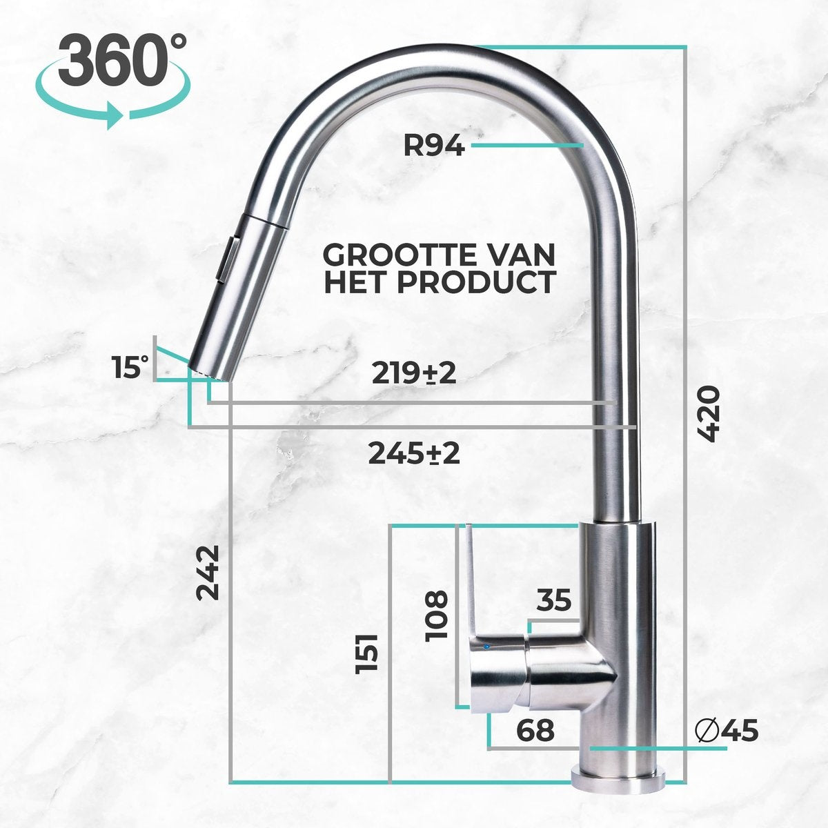 Mizzo Trigo Küchenarmatur mit herausziehbarer Handbrause - Hohe Mischbatterie 44 cm - Matt - Edelstahl