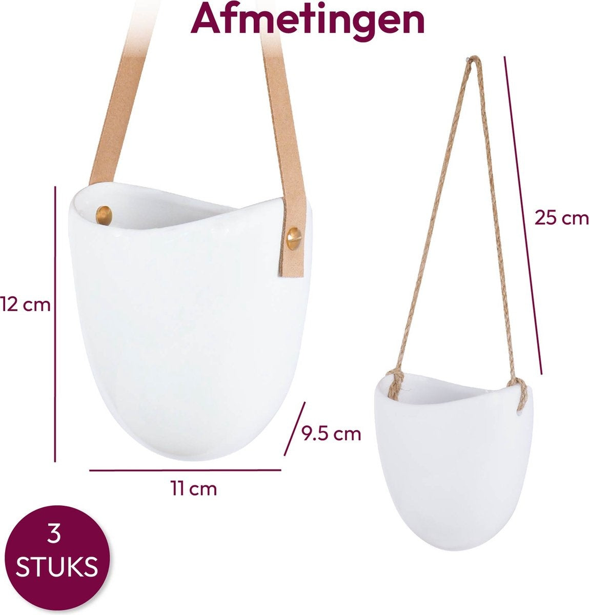 Gadgy Plant Pendant Ceramic - 3er-Set - Weißer Stein - Hängende Blumentopf-Pflanzgefäße - mit 3 verschiedenen Schnüren - 12 x 11 x 9,5 cm