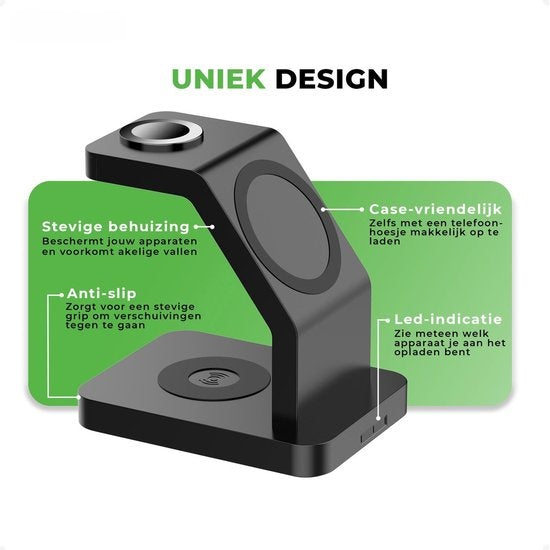 iSETCHI - Kabelloses Qi & Magsafe Ladegerät 3-in-1 - 15 Watt - Schwarzer Kunststoff - Inklusive QC 3.0 Adapter - Für iPhone, Apple Watch & Airpods - Organisierter Arbeitsplatz