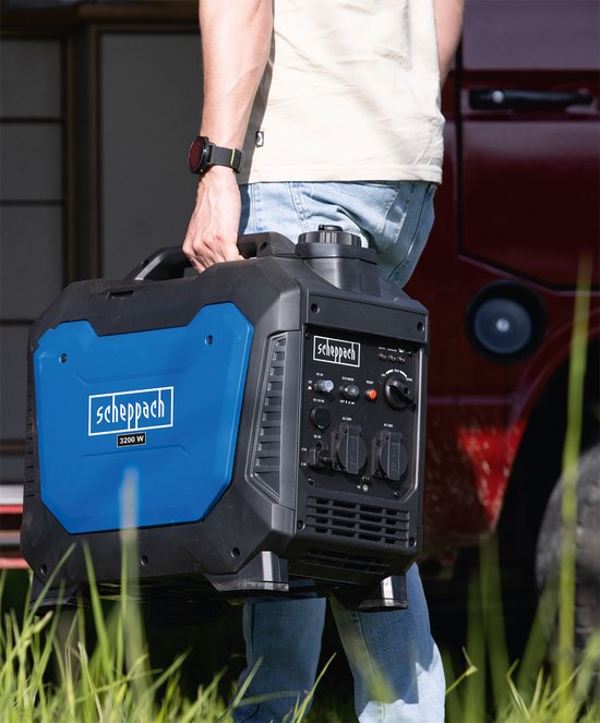 Scheppach Benzingenerator SG3500i – 3500 W – Inverter-Generator – 4,8 PS – Aggregat mit 2x 230 V, 1x 12 V und 2x USB-Anschlüssen – Benzin-Stromgenerator