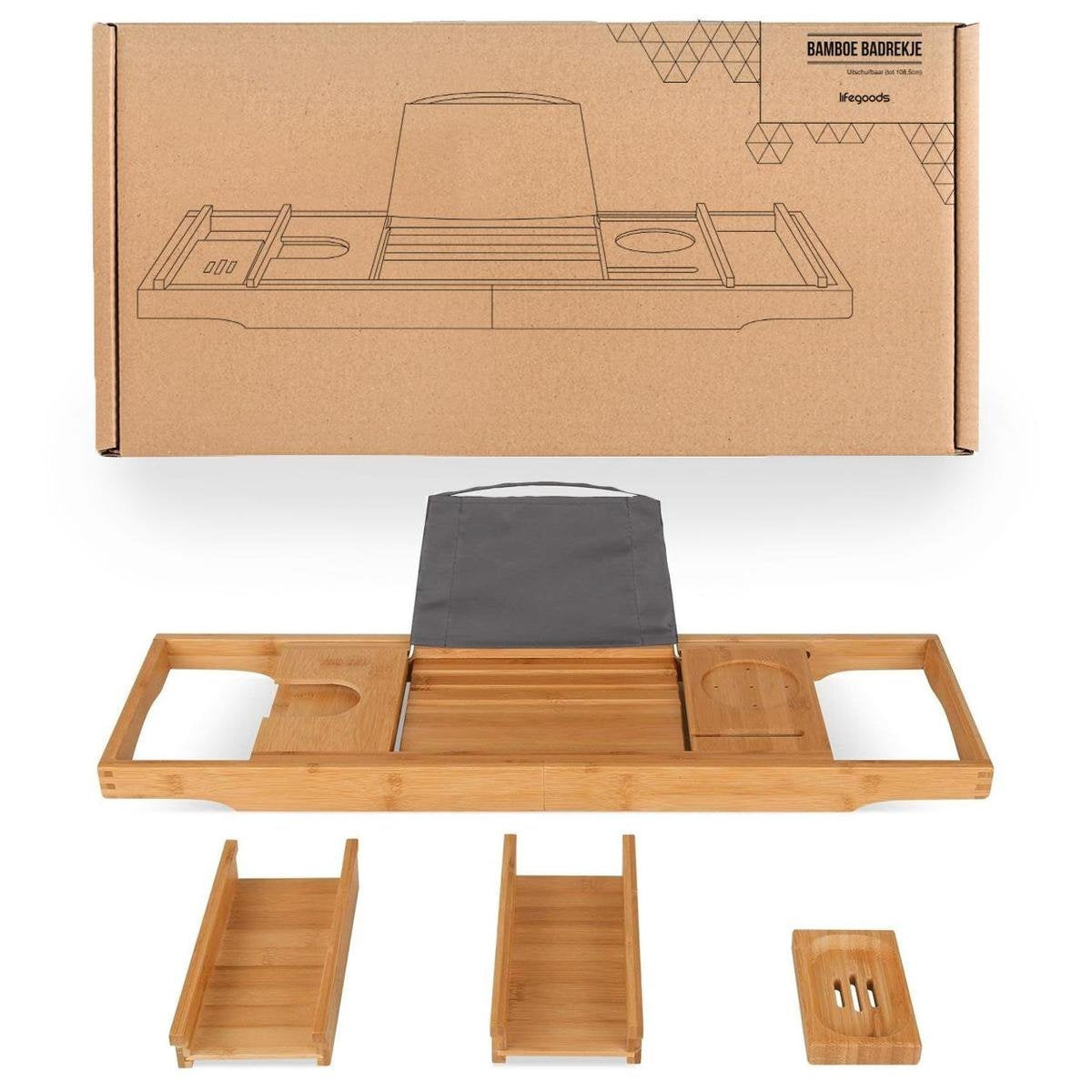 LifeGoods Badewannenbrett - Ausziehbar - Für die Badewanne - 74,5 bis 108,5 cm - Mit Halterung - Holz