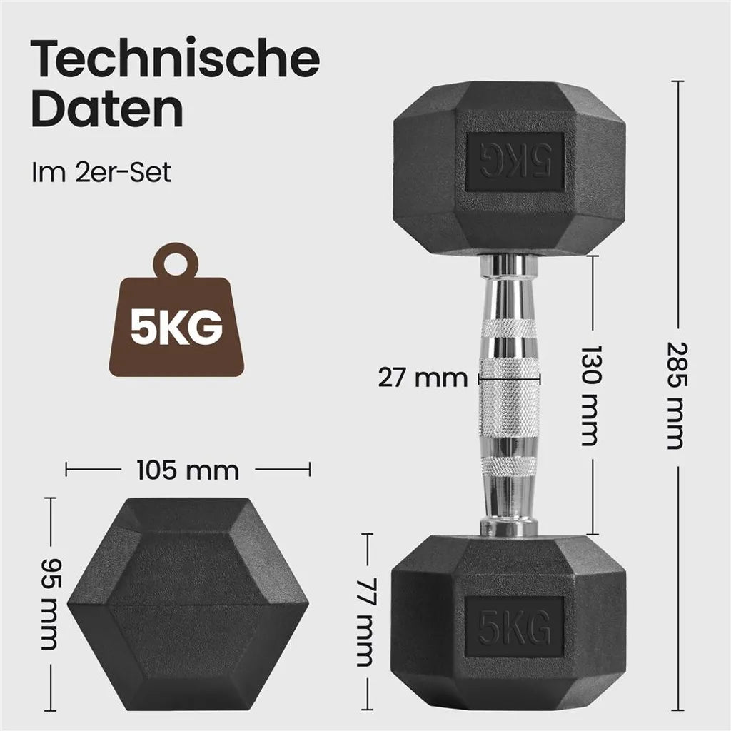 Yaheetech Hex-Hantelset, 2 x 5 kg – Schwarz – Gummi-Hanteln mit rutschfestem Griff
