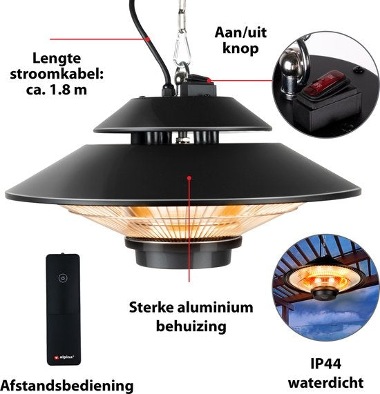 alpina - Infrarotheizung - Terrassenstrahler - IP44 Spritzwassergeschützt - 1500W - Schwarz
