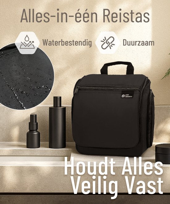 D&D Wanderlust Kulturbeutel mit Haken – Aufhängbarer, luxuriöser Reise-Organizer mit 10 Fächern – Schwarz – Unisex für Damen und Herren – 6 Liter Fassungsvermögen – Großer, hängender Reise-Kulturbeutel – Kosmetiktasche