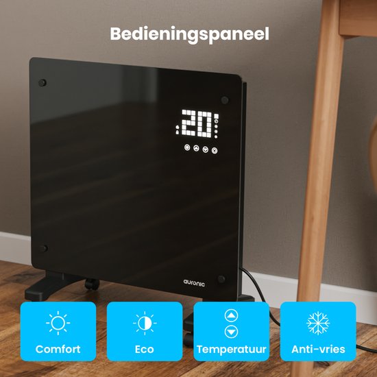 Auronic Electric Heater - Konvektor-Heizung mit Thermostat und Fernbedienung - Glasheizung - 1000W Heizung - Schwarz